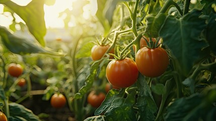Ripe, juicy tomatoes growing on healthy vines in an organic vegetable garden, ready for harvest.