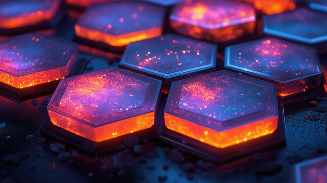 A close-up of illuminated hexagonal tiles emitting a vibrant neon glow, creating a futuristic sci-fi aesthetic with advanced materials, high-tech design, and immersive cybernetic visuals.