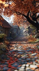 A serene autumn pathway lined with colorful leaves and quaint cottages.