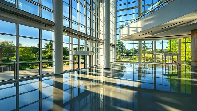 Modern architectural interior showcasing expansive glass windows and reflective floor, with greenery outside