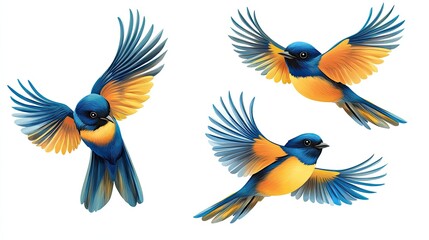 Obraz premium Set of vibrant flying birds with blue and yellow feathers, isolated on a white backdrop for creative use.