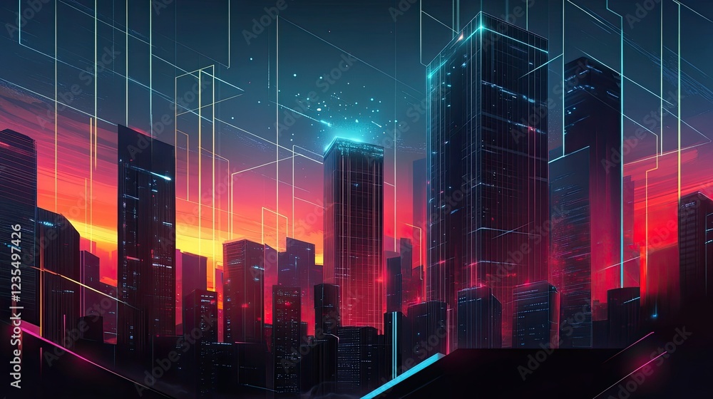 Poster smart city concept with buildings interconnected by glowing lines symbolizing ai-powered wireless co