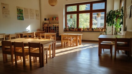 Spacious classroom with clean wooden furniture and sunlight creating warm reflections across the desks.