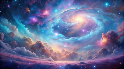 Obraz premium Pastel blue and pink hues blend in a cosmic scene with swirling clouds of gas