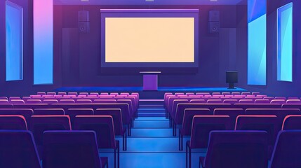 Fototapeta premium Spacious lecture room with rows of tiered seats, a large blank screen for presentations, and a podium waiting for the speaker.