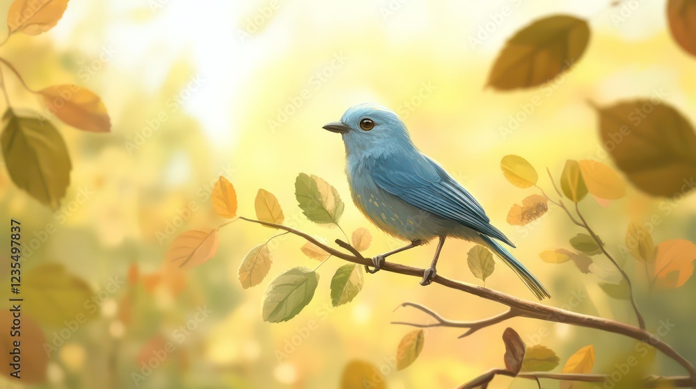 Aufkleber a small blue bird perched on a branch amidst autumn leaves in soft sunlight.
