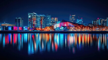 Naklejka premium Stunning night view of London skyline with reflections of the lights on the River Thames, highlighting modern architecture.