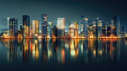 Fototapeta premium Stunning night view of London skyline with reflections of the lights on the River Thames, highlighting modern architecture.