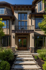 Fototapeta premium Luxury Modern Home Exterior: Architectural Design and Landscaping. Stunning contemporary house with stone facade, balcony, and meticulously landscaped entrance.