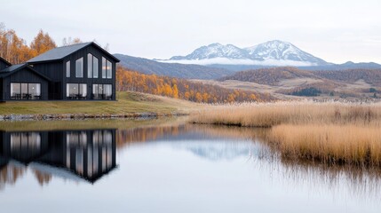 Fototapeta premium Modern house reflecting in lake, autumn mountains
