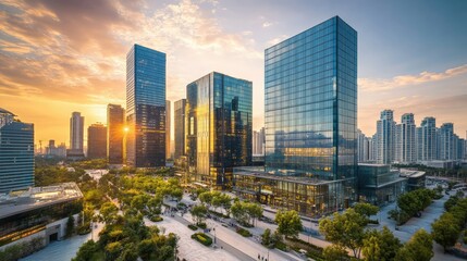 Naklejka premium Urban skyline with towering glass buildings reflecting sunlight, surrounded by a bustling cityscape.