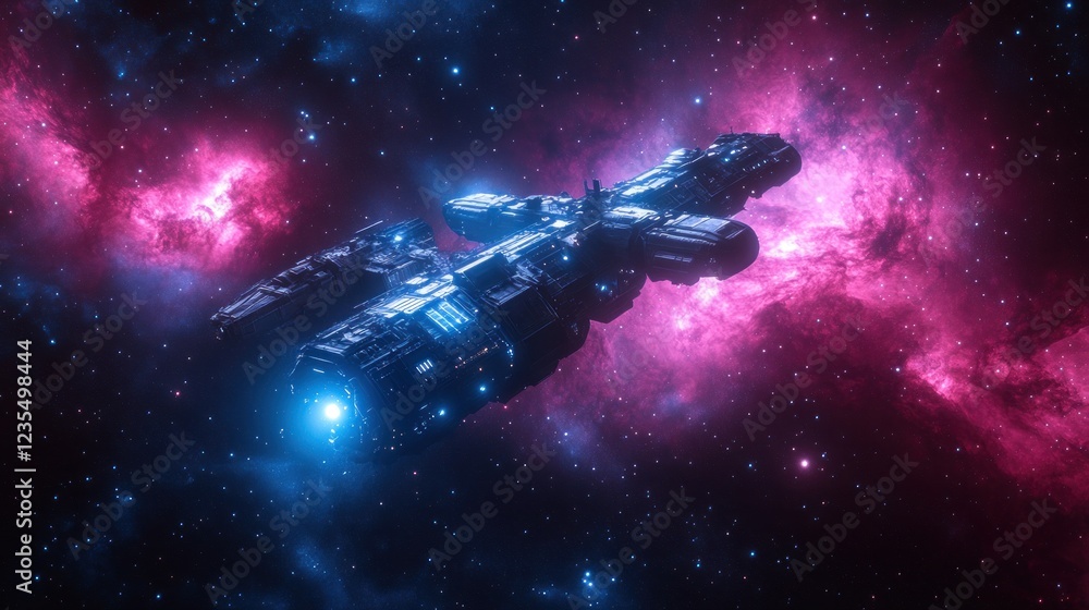 Wall mural spaceship traversing vibrant nebula.