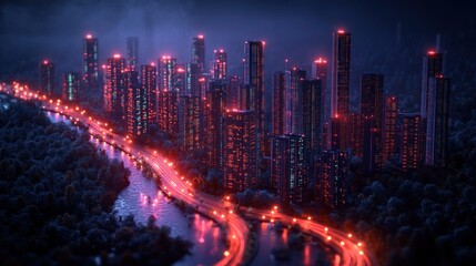 Fototapeta premium Night city skyline with red lights reflecting on river.