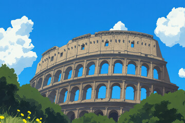 Fototapeta premium A large, ancient Roman amphitheater with a blue sky in the background