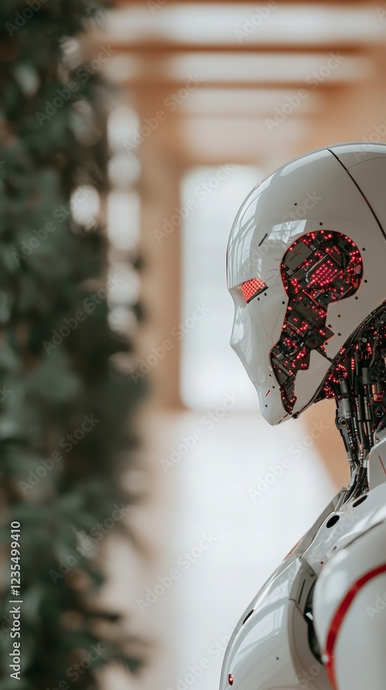 Poster futuristic robot in modern corridor ai technology innovation android