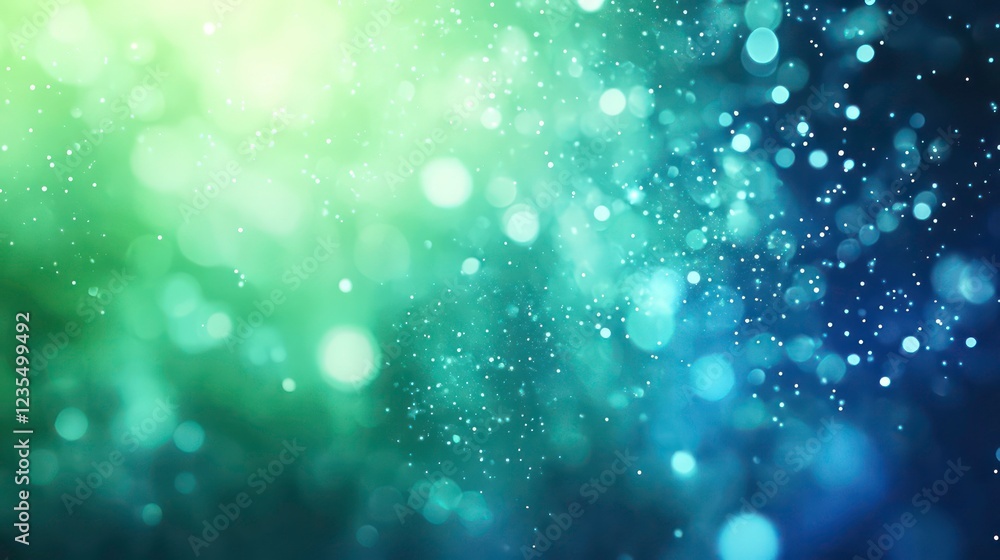 Poster abstract green and blue bokeh background with bright lights and sparkles.