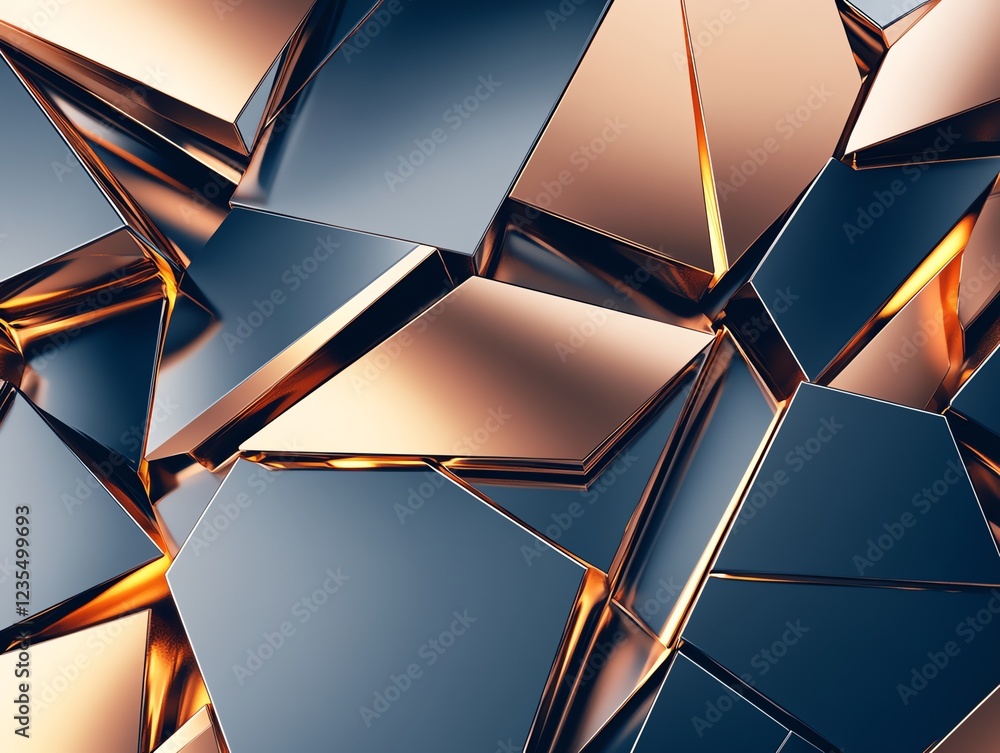Poster dynamic arrangement of fractured metallic surfaces reflecting light in an abstract design