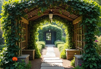 Fototapeta premium Lush verdant trellis walkway leading to a hidden door, nature's entrance