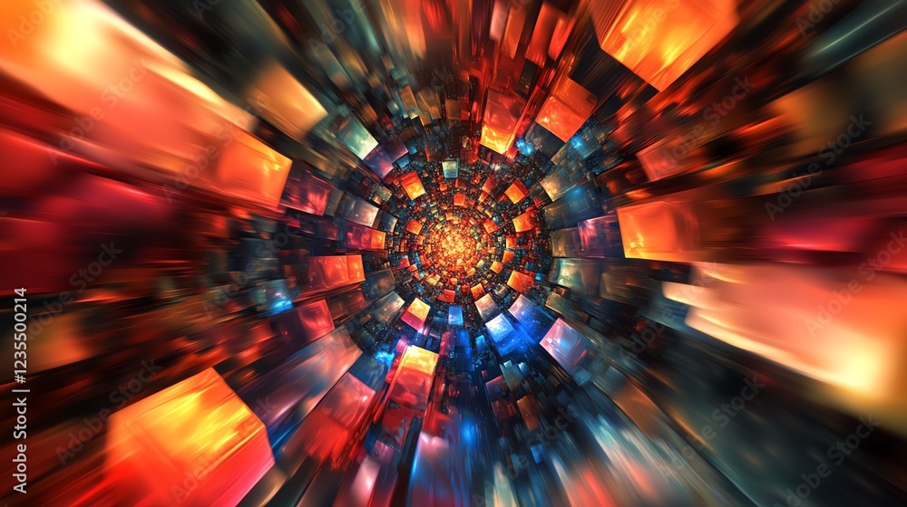 Poster colorful abstract vortex with dynamic reflections creating a sense of depth and movement