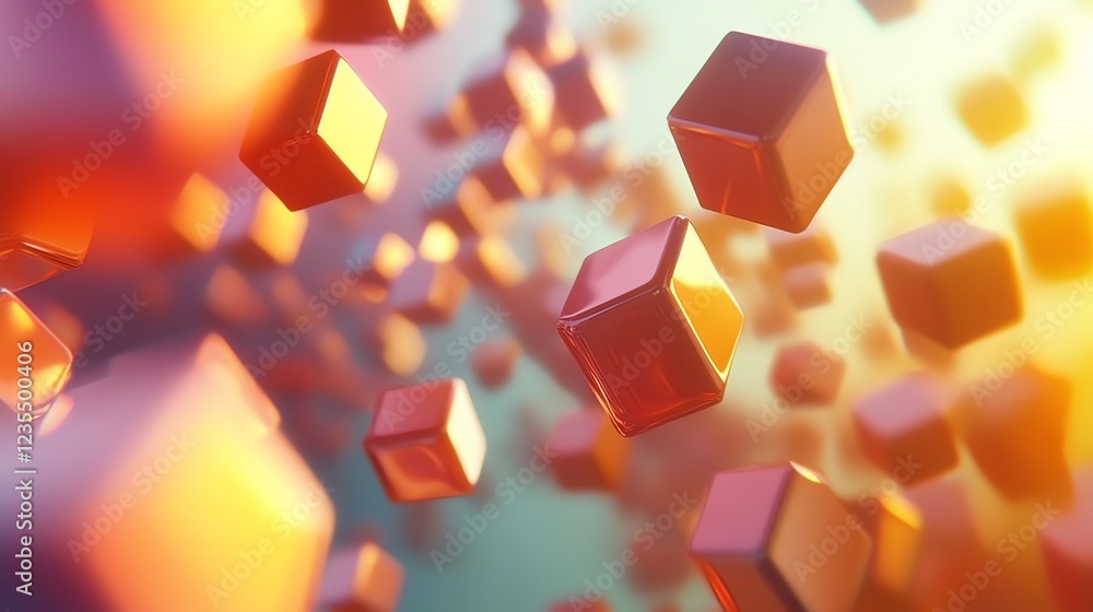 Poster colorful floating cubes create an abstract visual in a dynamic digital space during sunset hours