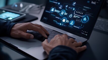 A close-up of a cybersecurity analyst working on a laptop, hands typing on an illuminated keyboard, holographic security interface displaying firewall protection and encrypted connections