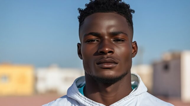 Portrait of a young male athlete with short curly hair, wearing a white sports shirt, standing outdoors with a confident and relaxed expression.