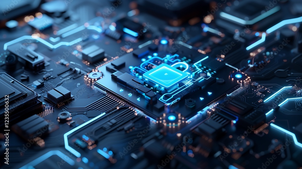 Poster a futuristic cyber security concept featuring a glowing blue digital padlock surrounded by a network