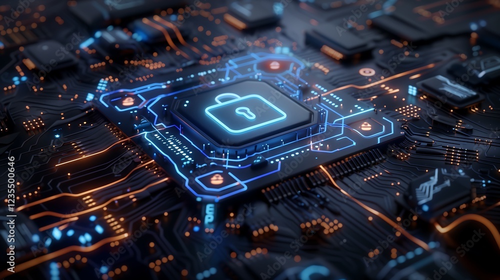 Poster a futuristic cyber security concept featuring a glowing blue digital padlock surrounded by a network