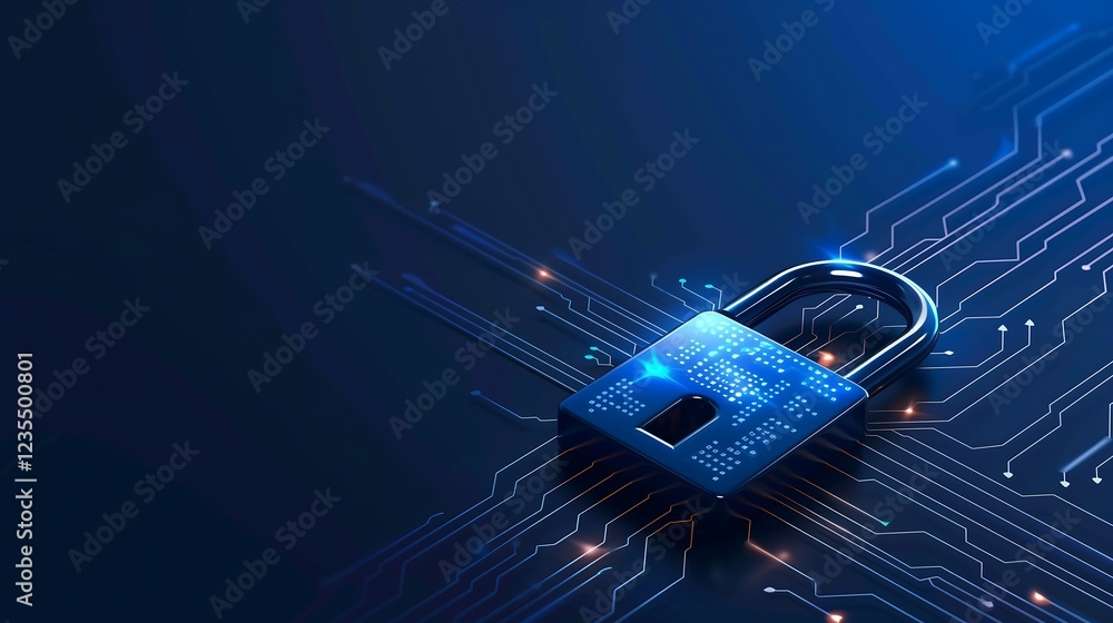 Poster abstract cybersecurity concept with interconnected locks and glowing lines forming a secure digital 