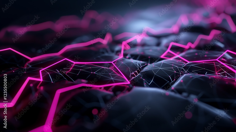 Poster abstract cybersecurity concept with interconnected locks and glowing lines forming a secure digital 