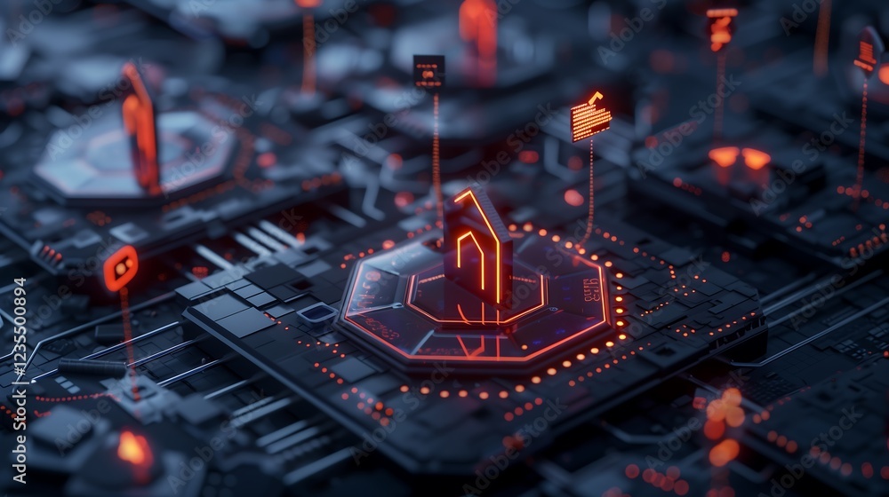 Poster abstract digital landscape with glowing firewall icons and binary code, showcasing cyber defense mec