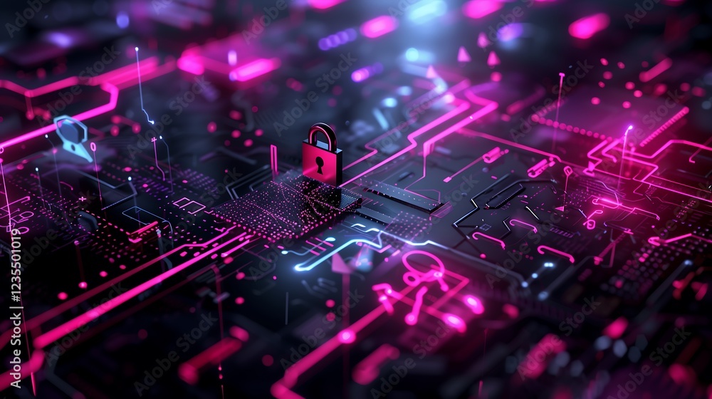 Poster abstract representation of secure cloud storage, with padlock icons and encrypted data streams in a 