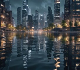 Fototapeta premium Abstract cityscape with reflection in water and ripple effects, mirror image, reflected city, abstract water