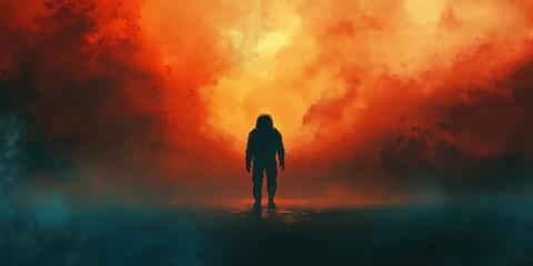 Obraz premium Lone Astronaut Facing Fiery Alien Sky