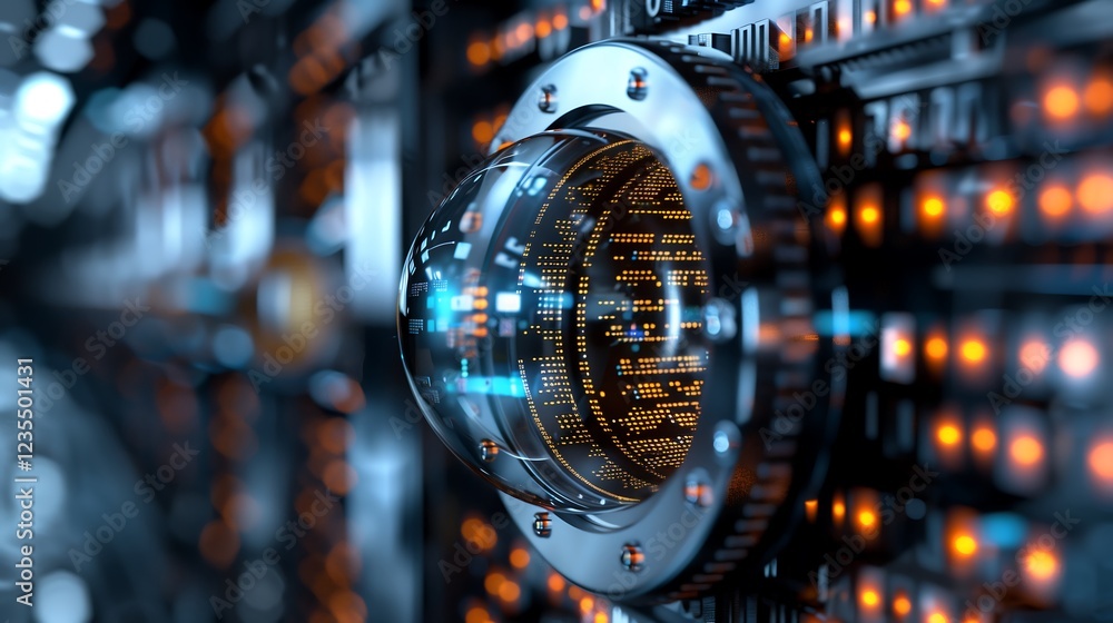 Poster dynamic 3d illustration of a digital vault, with layers of encrypted data streams and glowing securi