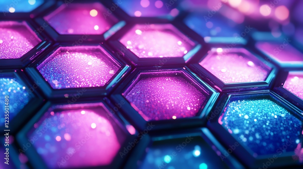 Poster colorful hexagonal patterns create a vibrant visual display with shimmering lights in a modern abstr