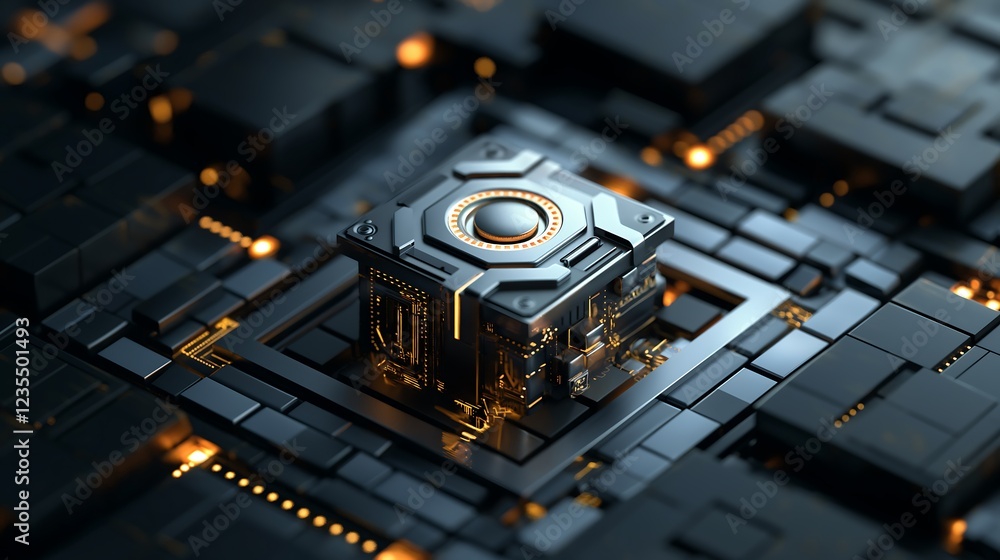 Poster dynamic 3d illustration of a digital vault, with layers of encrypted data streams and glowing securi