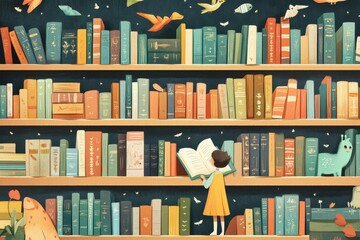Child Reads Among Many Books On Shelves