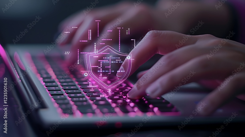 Poster hands typing on a keyboard with a virtual shield hologram overlay, emphasizing personal data securit