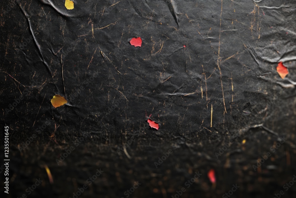 Poster close-up of textured black surface with scattered colorful leaf-like shapes, creating an artistic ba