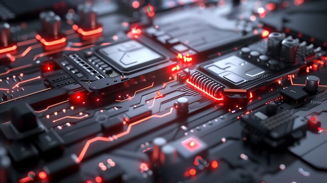 High-tech data center with glowing LED lights, secure servers, and digital monitoring interfaces.