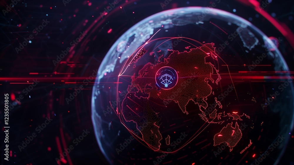 Poster holographic globe with glowing network connections and cybersecurity icons floating in space.