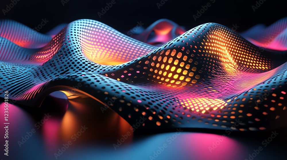 Poster colorful illuminated mesh waves creating a stunning visual effect in a dark environment