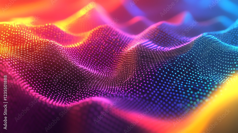 Poster colorful abstract wave pattern depicting a digital landscape of interconnected points and lines in v