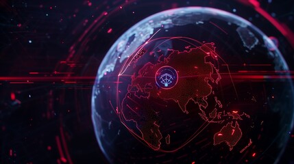 Obraz premium Holographic globe with glowing network connections and cybersecurity icons floating in space.
