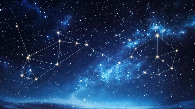 Starry night sky with constellation lines connecting bright stars.