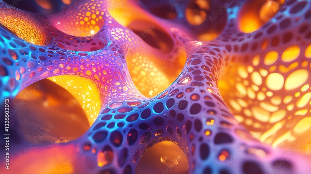 Poster intricate patterns of a colorful, abstract structure illuminated from within at dusk