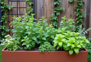 Verdant foliage flourishes in an elevated planter against a rustic fence backdrop