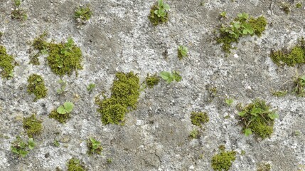 Green Moss and Small Plants Growing on Weathered Concrete Surface