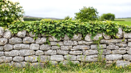 Stone Wall Covered with Green Ivy in Lush Rural Landscape